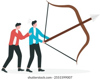 Team aiming to reach business goal, colleagues planning or strategy for project or mission, collaboration and teamwork concept. Businessperson teammates helping to aim big arrow to target.