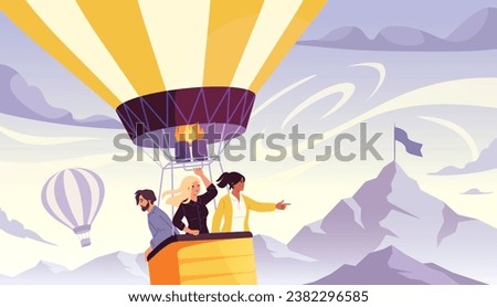 Team at air balloon concept. Man and women travel and trip. Leadership and motivation, planning. Way to goal and target. Graphic element for website. Cartoon flat vector illustration