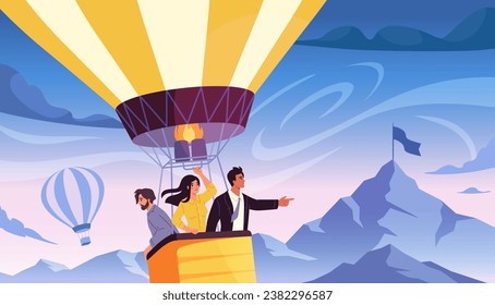 Team at air balloon concept. Men and woman travel and trip. Leadership and motivation. Business process and start up. Company and organization. Poster or banner. Cartoon flat vector illustration