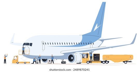 A team of aircraft maintenance workers. Preparing the plane for flight. Airline ground staff. Vector illustration