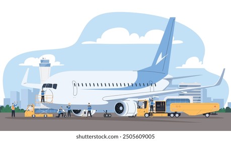 Un equipo de trabajadores de mantenimiento de aeronaves. Preparando el avión para el vuelo. Personal de tierra de la aerolínea. Ilustración vectorial