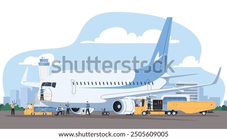 A team of aircraft maintenance workers. Preparing the plane for flight. Airline ground staff. Vector illustration