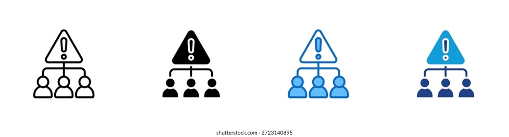 Equipo Vector de diseño de íconos de estilos múltiples: grupo de personas con un símbolo de advertencia que representa los problemas del equipo, los riesgos de la fuerza laboral o las alertas de la organización