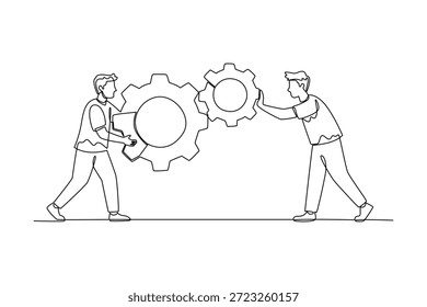Team-Ausrichtungsgetriebe für die Zusammenarbeit. Teamwork-Konzept. Einzeiliges Zeichnungsdesign. Vektorgrafik