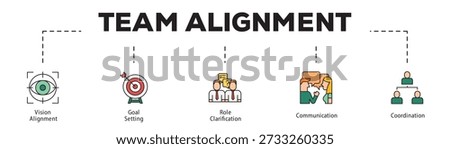 Team Alignment infographic icon flow process which consists of Vision Alignment, Goal Setting, Role Clarification, Communication, Coordination.