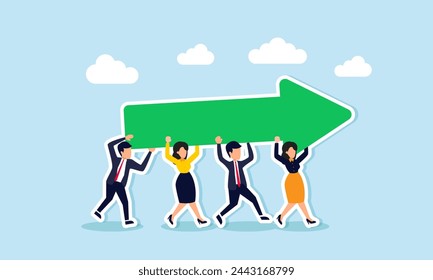 Team aligns for success, sharing goals, supporting growth and direction, concept of Business partners lift a large upward arrow, symbolizing growth