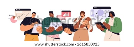 Team of analysts and designer works together. Office workers with laptops communicate, discuss tasks on meeting. Employees analyzes data, charts in teamwork. Flat isolated vector illustration on white
