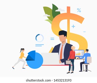 Team of analysts working for company. Professional, pie chart, office. Financial audit concept. Vector illustration can be used for topics like finance, investment, expertise