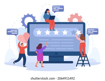 Team of analysts working on brand reputation in social media. Tiny male and female managers holding ranking star and heart flat vector illustration. Insight in analytics, seo management concept