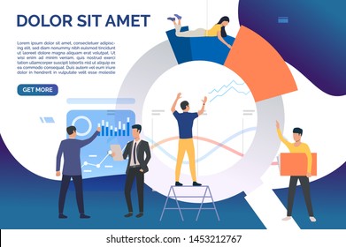 Team of analysts working on charts. Business, marketing, teamwork. Analysis concept. Vector illustration can be used for presentation slide, landing page template