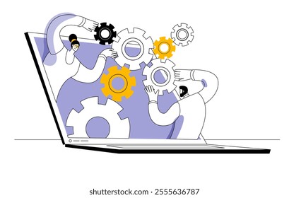 A team of analysts works with data in the form of various graphs on a laptop. Funny vector illustration on the topic of business analysis and group work.