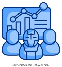 Icono de análisis de Equipo representado por avatar humano, avatar robot, tablero, gráfico, texto Estilo azul.