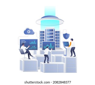 Team analyzes cloud server data in isometric illustration