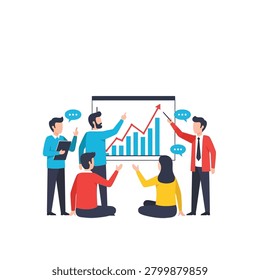 Team analyzing business performance. Professionals reviewing sales data, market trends, and financial report with upward graph.