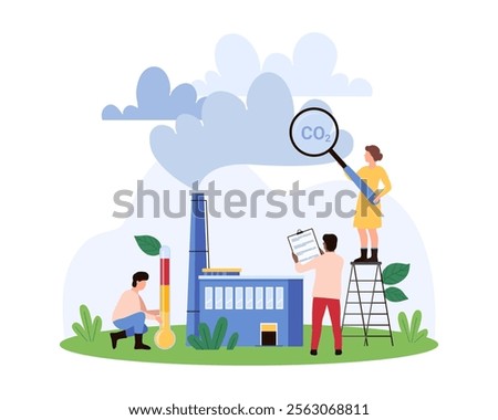 Team analyzing CO2 emissions from a factory. One uses a magnifying glass on smoke, another records data on a clipboard, and a third measures temperature vector illustration