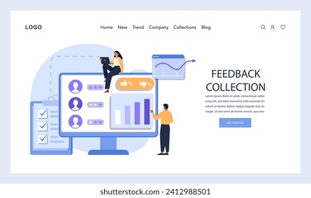 Team analyzing customer feedback on large screen, emphasizing data-driven insights from ratings, reviews, and performance graphs. Flat vector illustration.