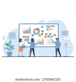 Team-Analyse von Datendiagrammen auf einem großen Board für Geschäftsstrategie, Analytik, Planung und Präsentationskonzepte. Ideal für Unternehmens-, Marketing- und Projektmanagement-Themen.