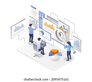 The team is analyzing the data for seo optimization in isometric illustration