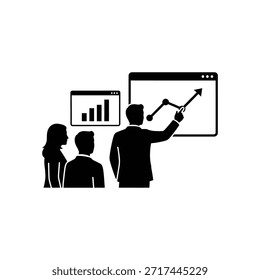 Team Analyzing Growing Line Chart on Wall. Business Team Reviewing Growth Data. Corporate Performance Chart Discussion.