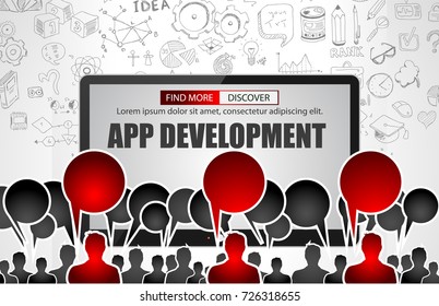 Team App Development  concept with Business Doodle design style: teamwork , best solutions,top resources.