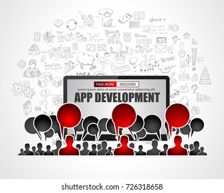Team App Development  concept with Business Doodle design style: teamwork , best solutions,top resources.