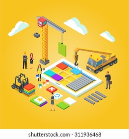 Team of app engineers and their leader building mobile app ux interface. Application development concept. Flat stylized 3d isometric vector illustration isolated on yellow background.