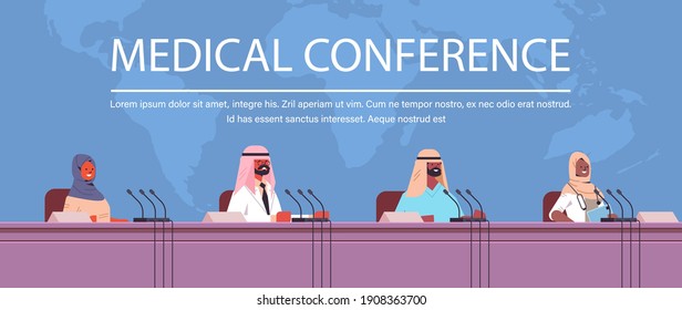 team of arabic doctors giving speech at tribune with microphone on medical conference medicine healthcare concept world map background horizontal portrait copy space vector illustration