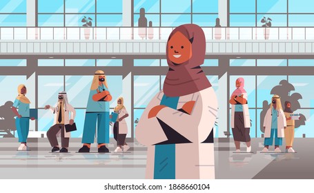 team of arabic doctors in uniform standing together in front of hospital building medicine healthcare concept horizontal vector illustration