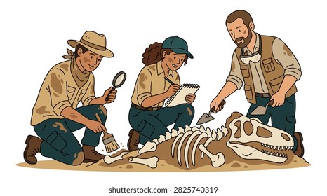 Team of archaeologists carefully unearthing ancient dinosaur bones with tools in the dirt.