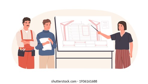 Team of architect, construction engineer and foreman discussing building project. Woman showing real estate drawing on office board. Colored flat vector illustration isolated on white background svg