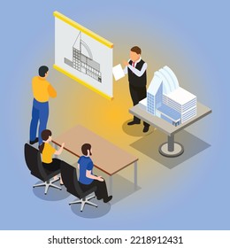 Team Of Architect, Construction Engineer And Foreman Discussing Building Project Isometric 3d Vector Illustration Concept For Banner, Website, Illustration, Landing Page, Flyer, Etc.