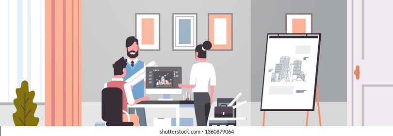 team architect engineers drawing blueprint urban building plan on computer panning design project concept office draftsman studio interior horizontal portrait