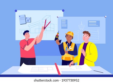 Team of Architect,Construction Engineer , Foreman Discussing Building Project.Man showing Real Estate Design drawing on office board.Woman with Laptop. Man Constructing Layout.Flat vector illustration