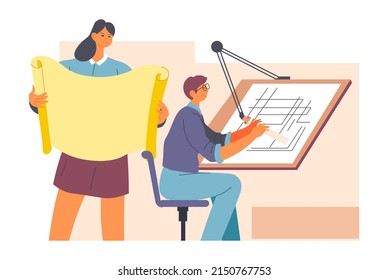 Team of architects and engineers working on business projects, building and construction planning. Man and woman in office drawing schemes for houses and homes. Brainstorming, vector in flat style