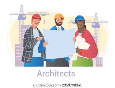 Team of architects looking at plan. Drawing check, inspection, commission. Architect, engineer, foreman. Collaboration, coworking. Cartoon flat vector illustration isolated on white background