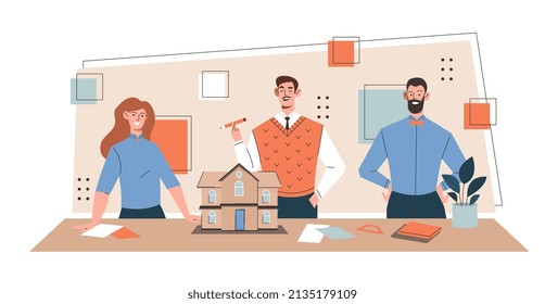 Team of architects. Men and girls considering layout, buildings. Real estate and urban landscape, design. Architect presenting paper model, miniature facade. Cartoon flat vector illustration