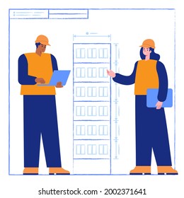 Team of architects working with construction drawing of future multi-storey building. Engineers designs house and making measurements. Real estate business. Vector illustration scene with characters