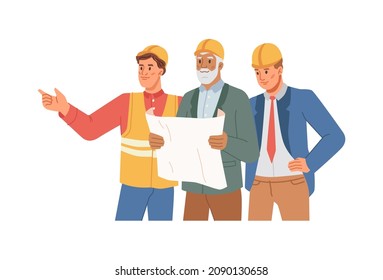 Team of architects working on plan, contractor or foreman presenting completed construction site. Skillful engineers wearing helmets looking at sketches and monitoring process. Vector in flat