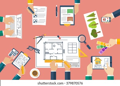 Team of architects working on a project. Discussing plans. Hands working on blueprints. Teamwork, brainstorming. Work Desk designers. Vector, flat. Planning construction.