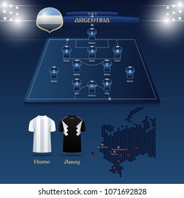 Team Argentina soccer jersey or football kit with match formation tactic infographic. Football player position on football pitch and stadium map for broadcasting graphic. Vector Illustration.