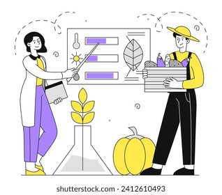 Team of argonomist concept. Woman with pointer and man in uniform. Scientific research and expirements in lab. People with infographics and educational materials. Cartoon flat vector illustration