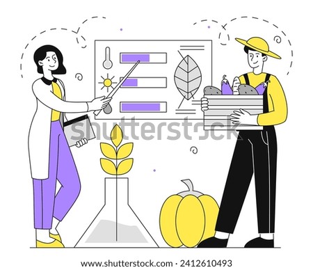 Team of argonomist concept. Woman with pointer and man in uniform. Scientific research and expirements in lab. People with infographics and educational materials. Cartoon flat vector illustration