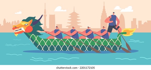 Team of Asian Athletes Swim On Dragon Boat. Concept Of Rowing Competition, People Enjoy Active Water Sports Game, Extreme Activity, Men Team Kayaking, Canoeing in River. Cartoon Vector Illustration