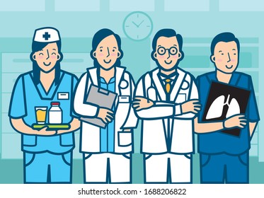 Team asiatischer Ärzte und Krankenschwestern auf Krankenhaushintergrund. Vektorillustration im 2D-Flachstil.