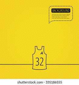Team assistant icon. Basketball shirt sign. Sport clothing symbol. Speech bubble of dotted line. Orange background.