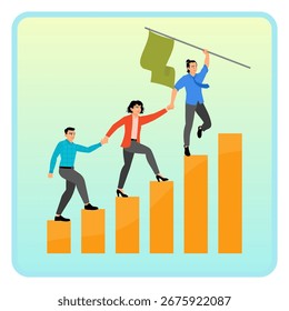 Equipe ajudando-se mutuamente em subir barras de progresso, simbolizando cooperação, sucesso e liderança em alcançar objetivos compartilhados. mãos alcançando o conceito em conjunto.
