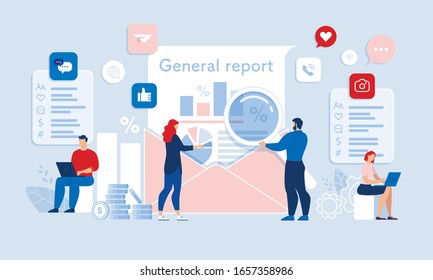 Team Auditor Making, Checking up General Report with Chart and Graph in Email Envelop. Media and Business Audit. People Working with Magnifying Glass, Laptop, Social Network. Vector Illustration