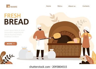 Team of bakers prepares different types of bread. Man with spatula pulls out freshly baked ciabatta from oven. Chefs prepare baked goods for sale. Landing page template. Flat vector illustration