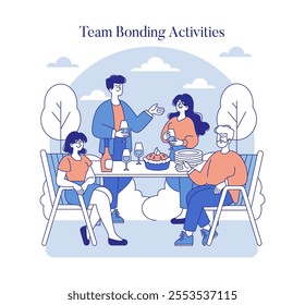 Team Bonding Activities concept. Colleagues gather outdoors for a meal, sharing leisure time to strengthen workplace relationships. Outdoor interaction, social connection. Vector illustration.