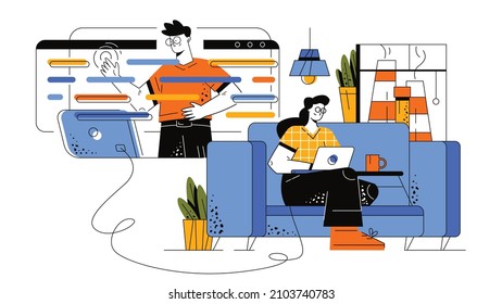 A team of boy and girl tests the software and controls the quality. The girl with glasses sits on the couch with a laptop. The guy clicks on a large touchscreen. Teamwork programming. Vector